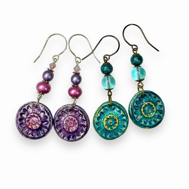 Boho Style Dangle Earrings, Handmade Artisan Clay Jewelry in Purple or Teal Jewel Tones image 2