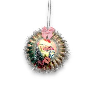 Light Pink Retro Christmas Ornaments, Kitschy Vintage Inspired Holiday Decorations Santa with cat