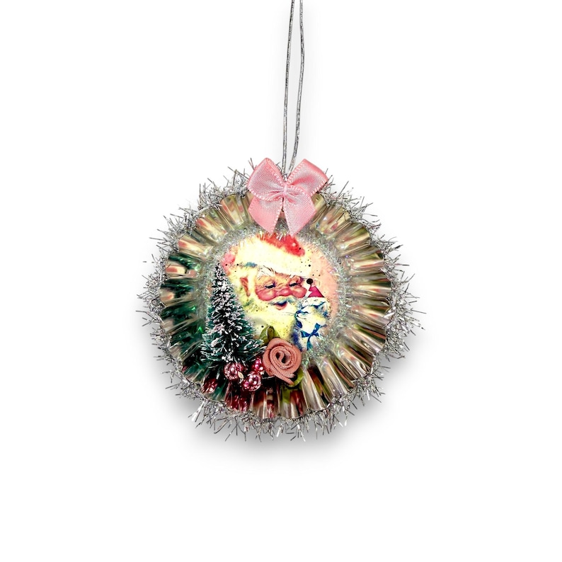 Light Pink Retro Christmas Ornaments, Kitschy Vintage Inspired Holiday Decorations Santa with cat