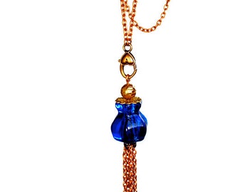 Upcycled Long Blue Necklace Tassel, Boho Jewelry, Repurposed Glass Pendant