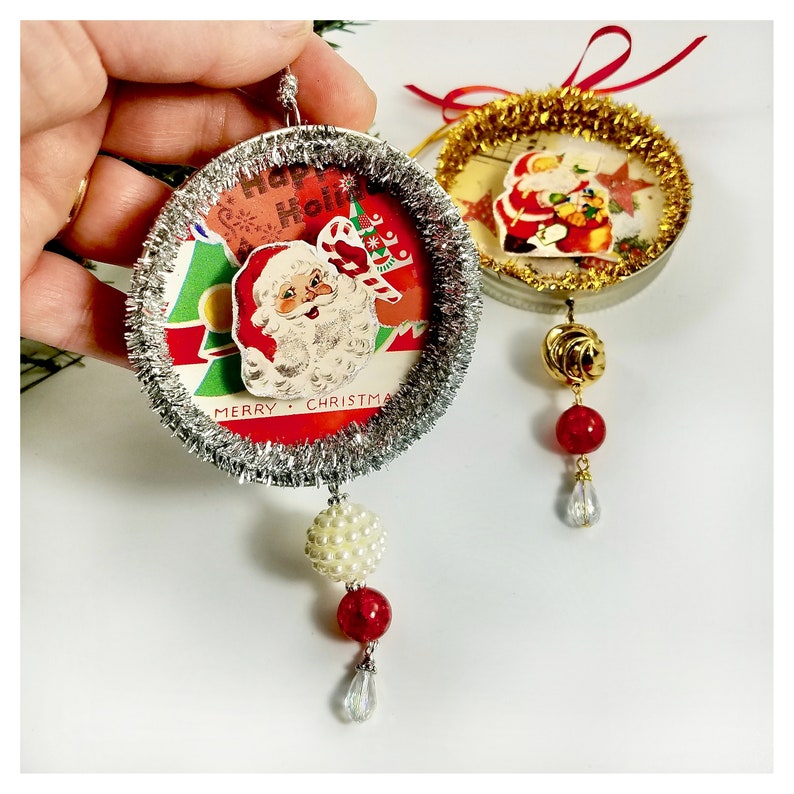 Retro Santa Ornaments, Mason Jar Lid Christmas Decorations in Silver and Gold image 6