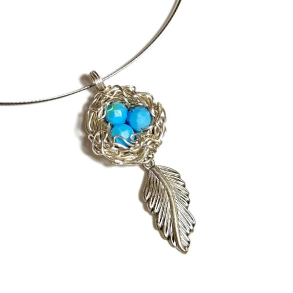 Silver Robins Birds Nest Necklace Pendant with Feather