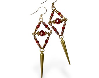 Red and Gold Spiked Earrings, Geometric Beaded Statement Dangles, Handmade Jewelry