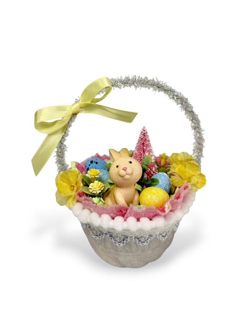 Vintage Inspired Easter Decor, Basket Ornaments with Bunnies in Pastel Colors image 2
