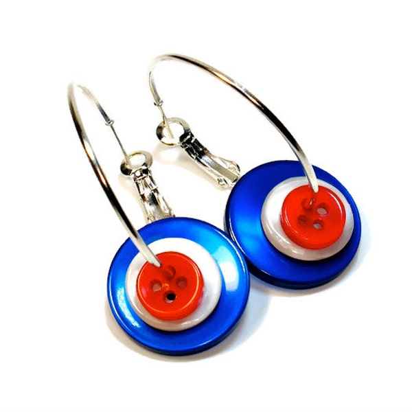 Red White Blue Earrings, Hoops in Silver, Button Earrings, Upcycled Button Jewelry, Hoop Earrings