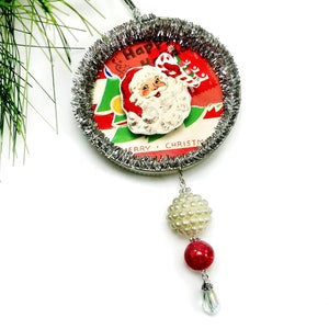 Retro Santa Ornaments, Mason Jar Lid Christmas Decorations in Silver and Gold Silver