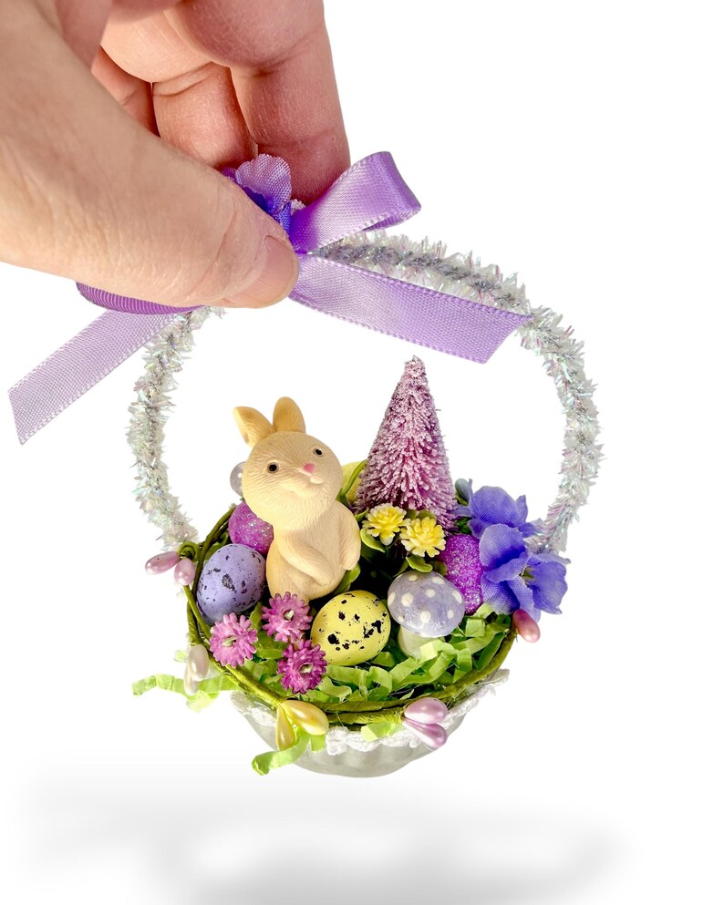 Vintage Inspired Easter Decor, Basket Ornaments with Bunnies in Pastel Colors image 9