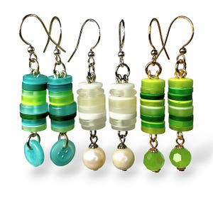 Stacked Repurposed Button Dangle Earrings, Upcycled Jewelry