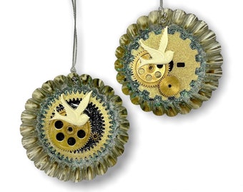 Steampunk Gears Ornaments with Dove, Tart Tin Christmas Decorations Set of 2