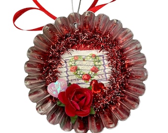 One-of-a-kind Valentine Stamp Ornaments, Upcycled Tart Tin Decorations in Pink or Red
