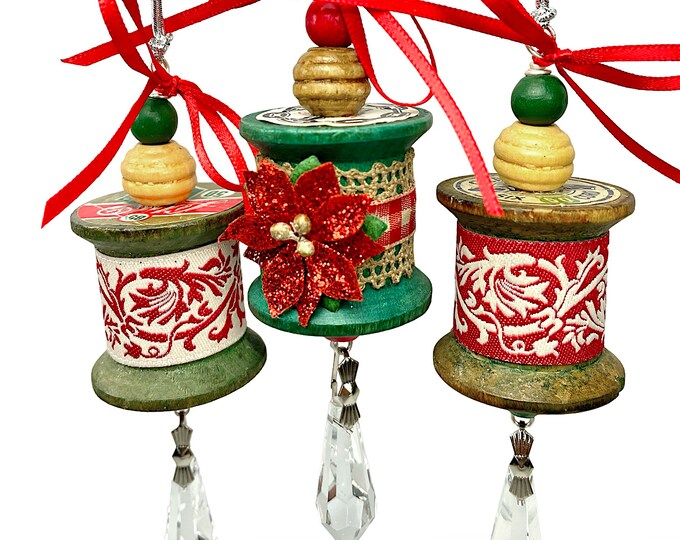Vintage Wood Spool Ornament Gift Set of 3, Oneofakind Christmas Decorations Etsy