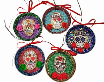 Sugar Skull Ornament, Upcycled Day of The Dead Decoration For Christmas