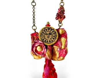 Mixed Media Boho Sun Necklace, Wearable Art Jewelry