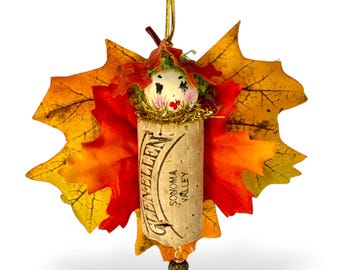Whimsical Autumn Fairy Ornaments, Fall Wine Cork Decorations, Leaf Fairies