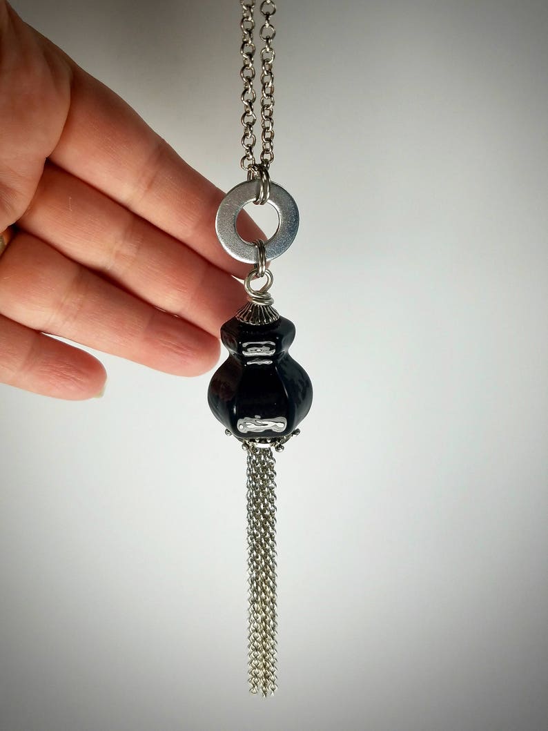 Black or White Long TASSEL Necklaces in Mint Repurposed Glass