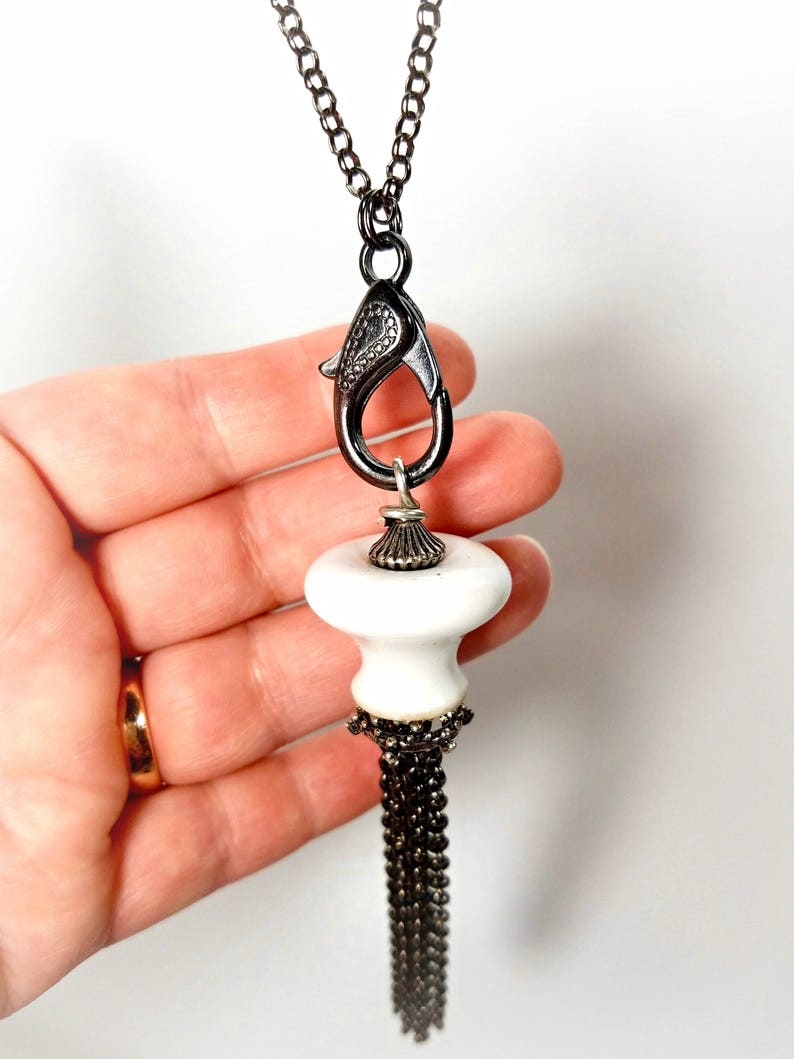 Black or White Long TASSEL Necklaces in Mint Repurposed Glass