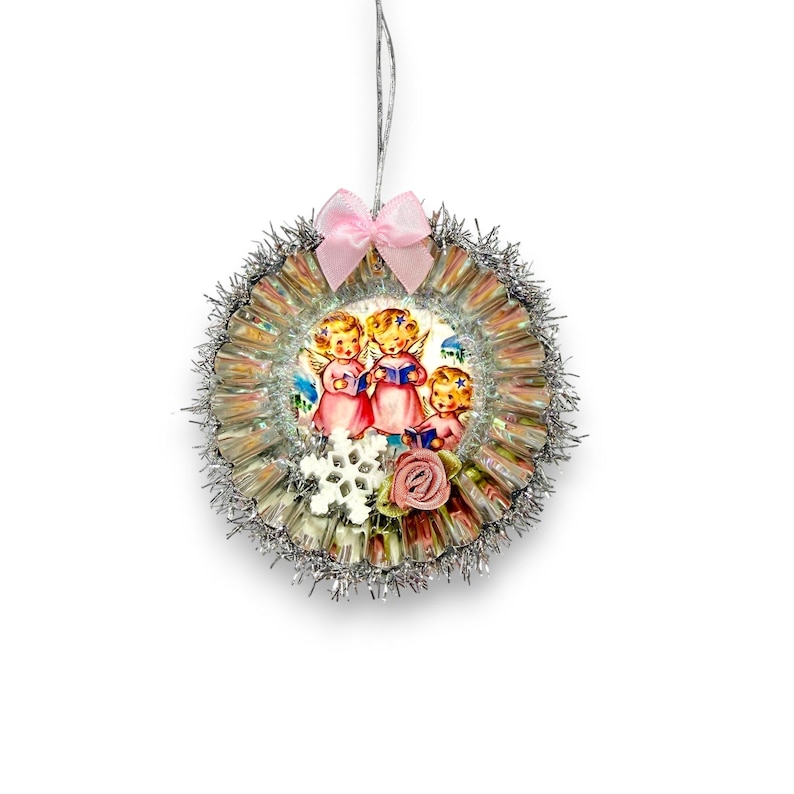 Light Pink Retro Christmas Ornaments, Kitschy Vintage Inspired Holiday Decorations 3 angels
