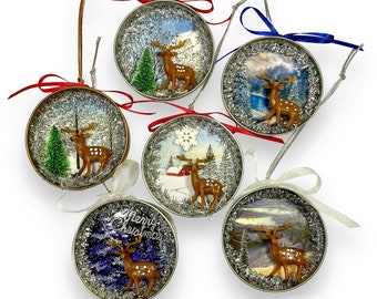 Handmade Reindeer Ornaments, Upcycled Mason Jar Lid Christmas Decorations