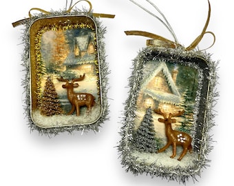 Handmade Silver and Gold Christmas Ornaments, Winter Scene Diorama Gifts with Reindeer