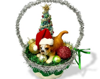 Christmas Diorama Ornament with Beagle Puppy in a Vintage Jello Mold Basket, Pet Dog Lover Gift