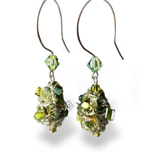 Artisan Light Green Drop Earrings, Fiber Art Jewelry, Sterling Silver Ear Wires
