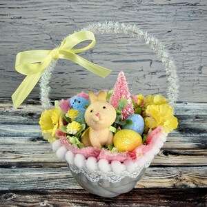 Vintage Inspired Easter Decor, Basket Ornaments with Bunnies in Pastel Colors image 4