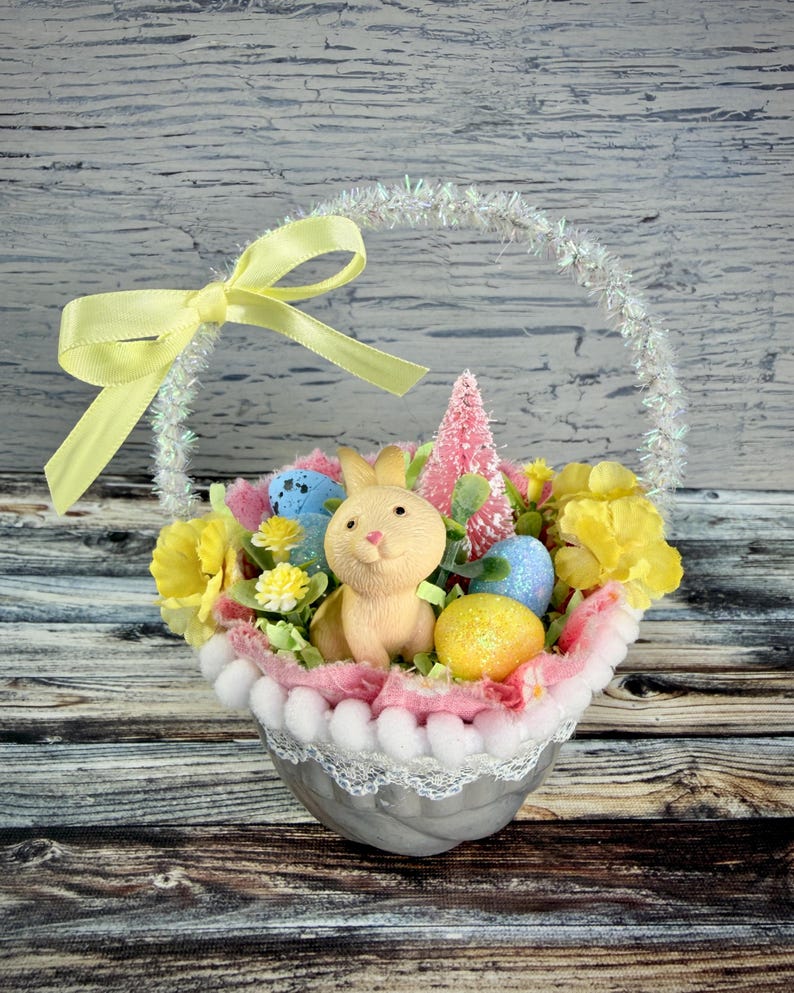 Vintage Inspired Easter Decor, Basket Ornaments with Bunnies in Pastel Colors image 4