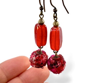 Fiber Art Dangle Earrings, Eco-Friendly Scrap Fabric Handmade Beads, Upcycled Jewelry