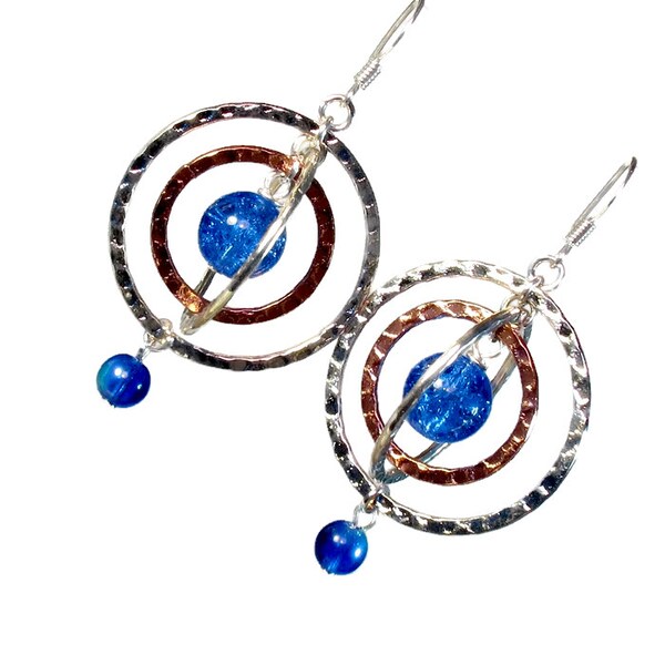 Blue Dangle Earrings, Planet Earrings, Unique Handmade Jewelry, Modern, Twirly
