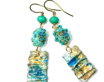 Turquoise Statement Earrings, Fiber Art Jewelry, Repurposed Reycled Upcycled