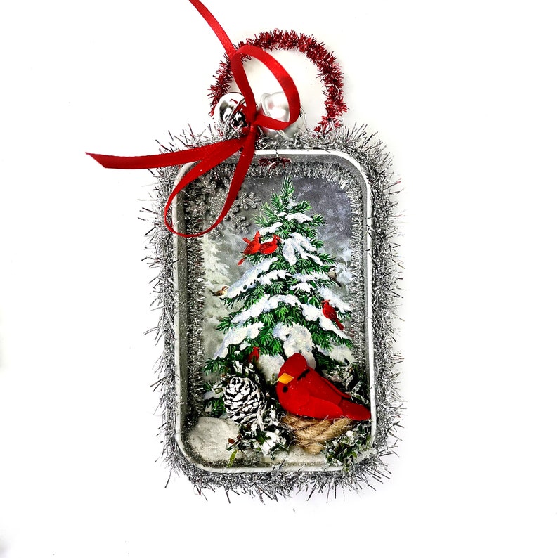Woodland Christmas Ornament Shadowbox with Reindeer & Mushrooms Cardinal in nest