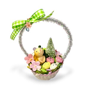 Vintage Inspired Easter Decor, Basket Ornaments with Bunnies in Pastel Colors Green & pink