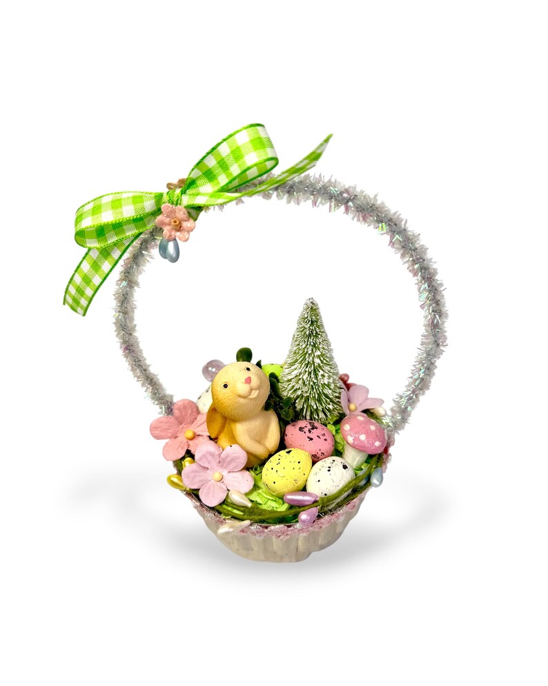 Vintage Inspired Easter Decor, Basket Ornaments with Bunnies in Pastel Colors Green & pink