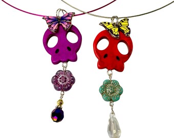 Skull Butterfly Necklace Pendant, Day of the Dead Jewelry, Fun and Funky Mexican Folk Art