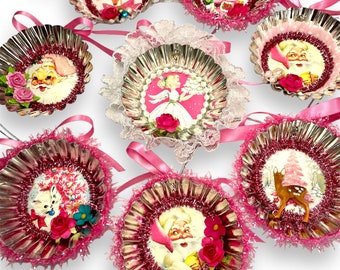 Hot Pink Christmas Ornaments, Retro Vintage-Inspired Holiday Decorations, Unique Handmade Décor