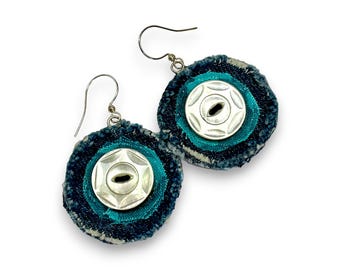 Upcycled Denim Earrings, Mother of Pearl Button, Patina Blue