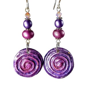 Boho Style Dangle Earrings, Handmade Artisan Clay Jewelry in Purple or Teal Jewel Tones Swirl