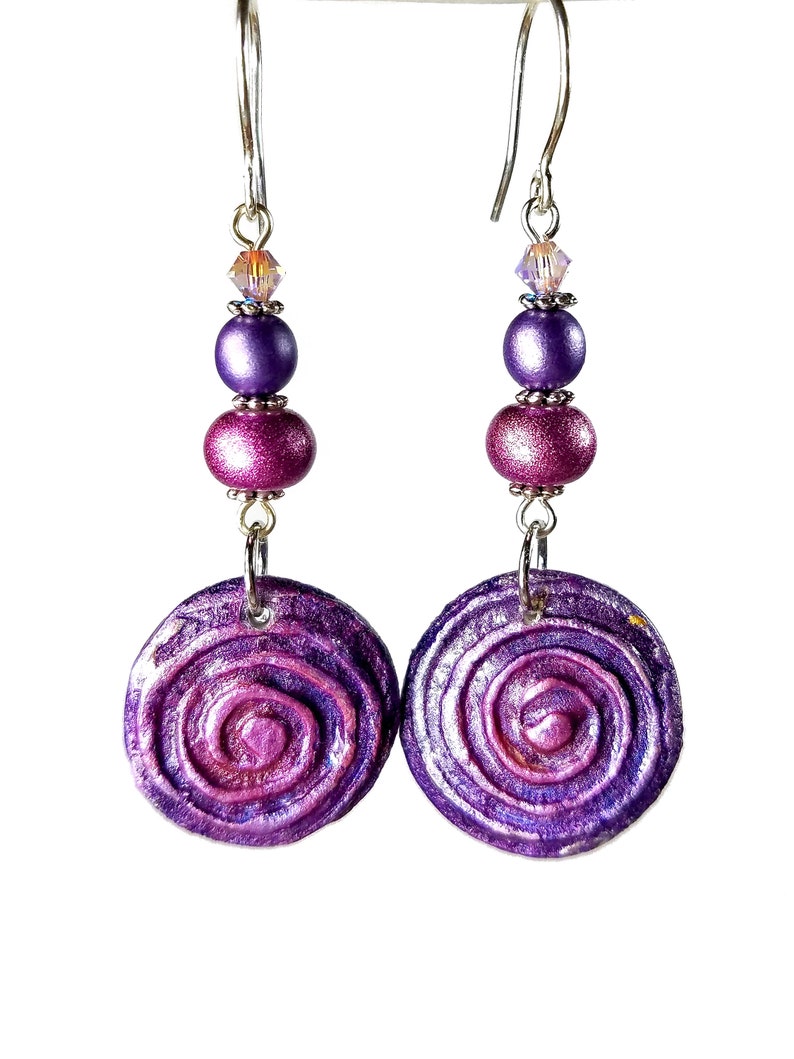 Boho Style Dangle Earrings, Handmade Artisan Clay Jewelry in Purple or Teal Jewel Tones Swirl
