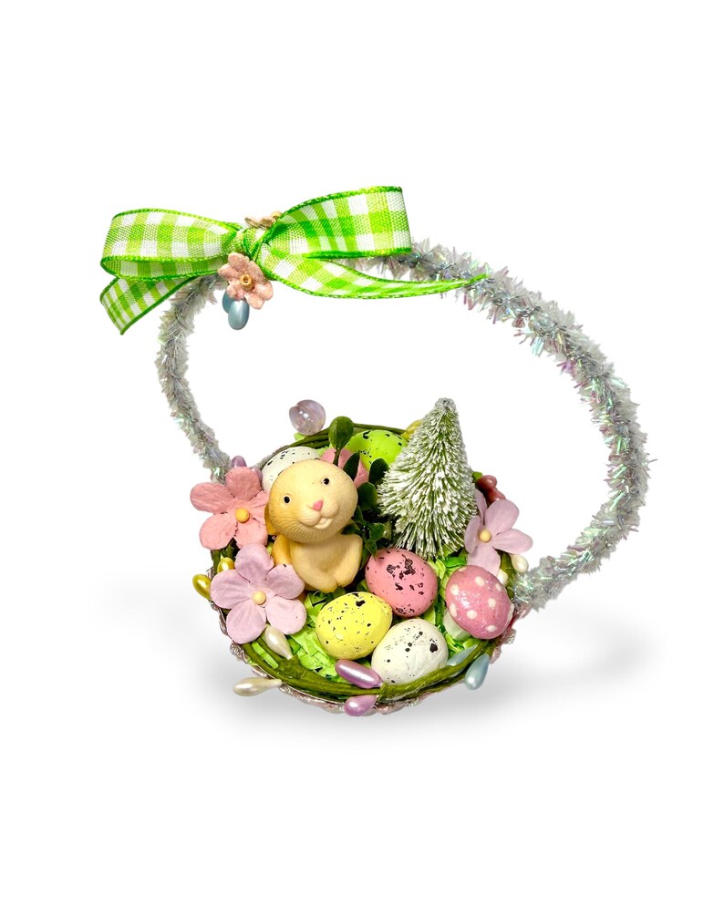 Vintage Inspired Easter Decor, Basket Ornaments with Bunnies in Pastel Colors image 8