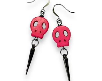 Edgy Hot Pink Rockabilly Skull Earrings with Spikes, Day of the Dead Jewelry