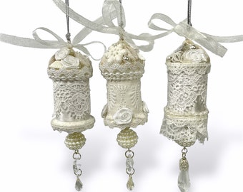 Victorian Seashell Ornaments, Ocean Beach Themed Wedding Decorations, Upcycled Spool with Chandelier Crystals, SET of 3