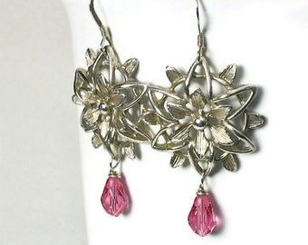 Vintage Inspired Flower Dangle Earrings, Handcrafted  Reclaimed Sterling Silver Jewelry