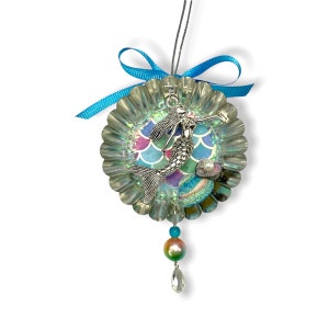 Upcycled Mermaid Ornament, Ocean Inspired Gift For Teen Girl Aqua bow