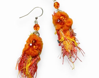 Bold Red Orange Textile Art – Handmade Earrings