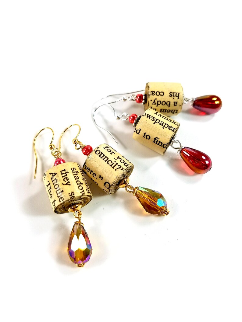 Upcycled Paper Bead Dangle Earrings, Book Lover Gift image 1