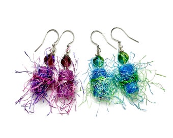 Fuzzy Fiber Art Statement Earrings, Handmade Fabric Jewelry