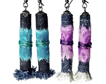 Denim Fiber Art Jewelry Earrings in Teal OR Purple, Artsy Gift For Her