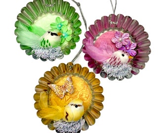 Easter Bird Ornaments, Colorful Spring Decorations, Set of 3 Tart Tin Decorations