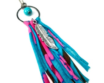 Colorful Long Boho Feather Necklace, Fabric Tassel, Jewelry in Bold Colors