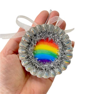Sparkly Rainbow Ornament, Upcycled Tin Decoration for Pride